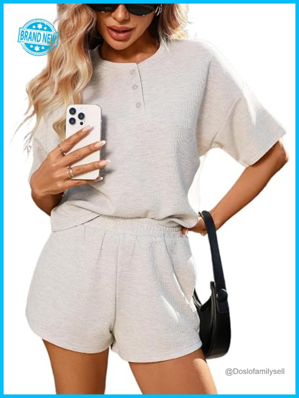 Waffle Knit 2 Piece Lounge Set - Cropped Henley Top & High Waisted Shorts with